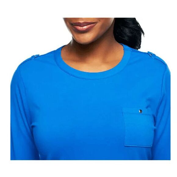 Denim & Co Womens 3X Essentials Round Neck Tee Rich Blue Shoulder Epaulets NWT - Picture 2 of 6